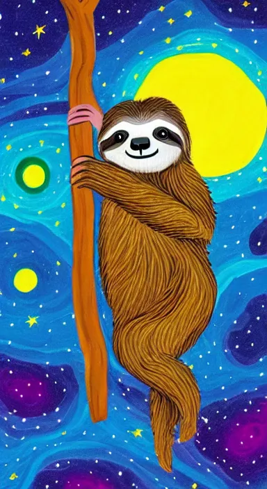 Image similar to a cute sloth hanging on a tree on a starry night, made of bright colored thick flowing dramatic brush strokes, matte colors, trending on artstation