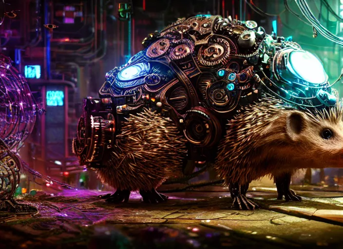 Image similar to giant intricate mechanical hedgehog with cybernetic enhancements and visible gears and fiber optics, on the background of a weird magical mechanical forest. Very detailed 8k. Fantasy cyberpunk horror. Sharp. Cinematic post-processing. Unreal engine. Nanite. Ray tracing. Parallax. Tessellation