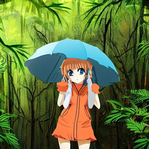 Image similar to anime girl wearing a rain coat in a jungle