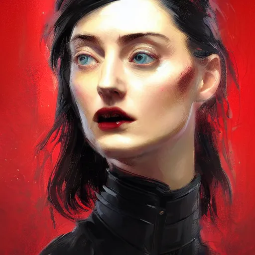 Prompt: portrait of a woman by greg rutkowski, she looks like elizabeth debicki, pale skin with black hair, she is wearing a red and black kevlar gear with a cape, highly detailed portrait, digital painting, artstation, concept art, smooth, sharp foccus ilustration, artstation hq