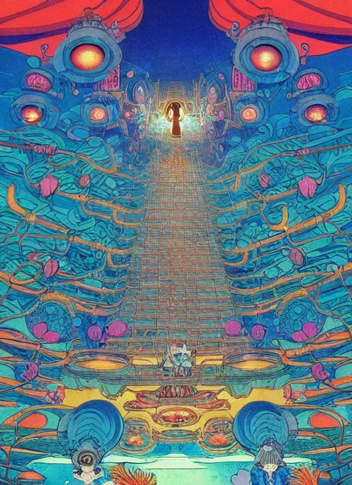 Prompt: 7 0 s vintage anime illustration by studio ghibli and by james jean, underwater lair filled with glowing essence by jeffery smith by mati klarwein, underwater atlantean mansion temple is hyper detailed, bright bold colors, a surreal magical aura surrounds this temple