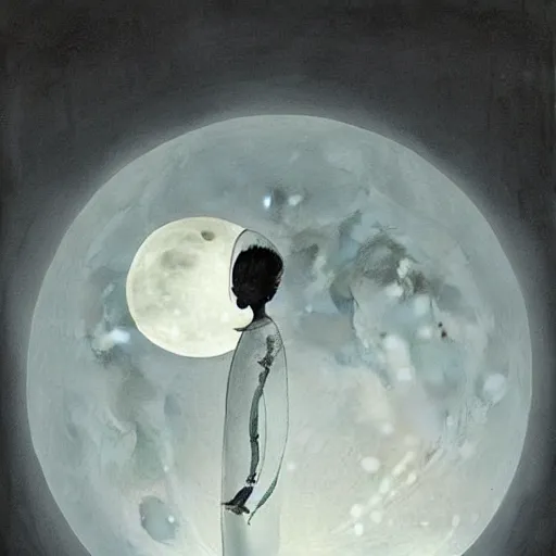 Image similar to looking at the full moon, transparent soul leaving the body, dave mckean