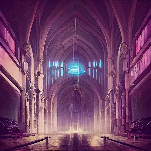 Image similar to “ inside a cathedral, cyberpunk art by vincent lefevre, behance contest winner, altermodern, cityscape, synthwave, matte painting ”