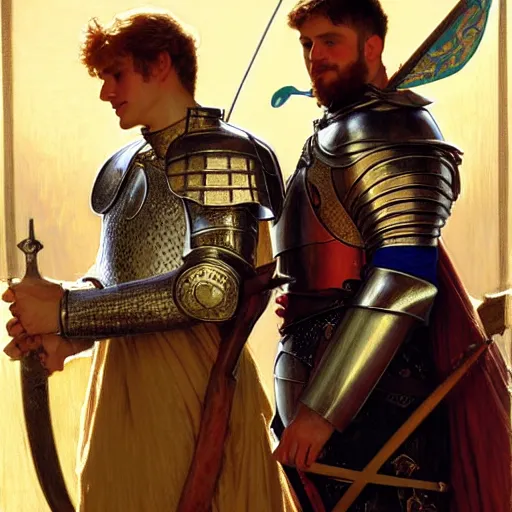 Image similar to attractive arthur pendragon and his attractive male knight, they are in love, natural lighting, path traced, highly detailed, high quality, digital painting, by gaston bussiere, craig mullins, alphonse mucha j. c. leyendecker