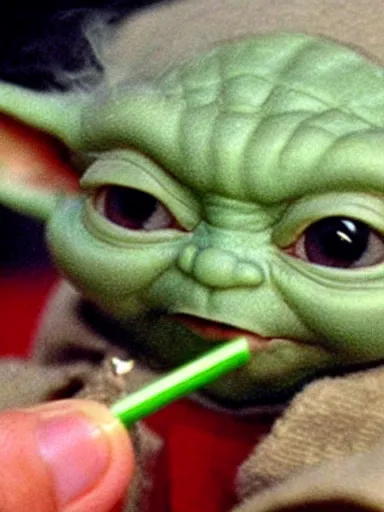 Prompt: baby yoda smocking a joint