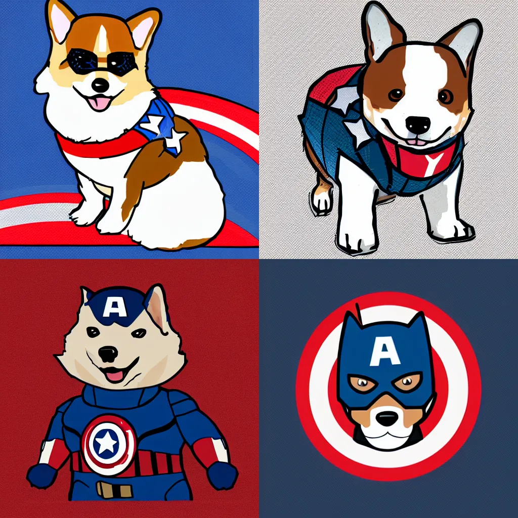 Prompt: corgi dressed as captain America, vector drawing, high quality