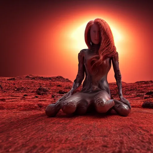 Prompt: Still of a Martian woman with gorgeous flowing hair on Mars, sitting on a Martian rock, reddish atmosphere with detailed highlights, dark gloomy sky cascading upon the atmosphere, well-detailed ornate Martian mountains in the background, trending on artstation, 4k, 8k