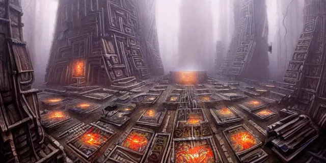 Image similar to painting of redwood forest labyrinth consuming cyberpunk metropolis in the style of steampunk by dan seagrave and tomasz alen kopera