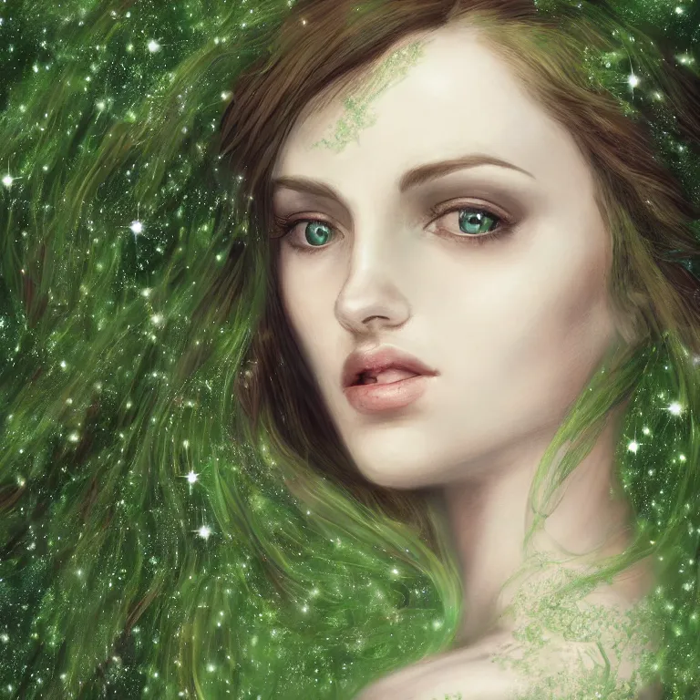Prompt: a beautiful portrait of woman with beautiful eyes and lighting bugs and stars in hair, blossoming green leans in background, highly detailed