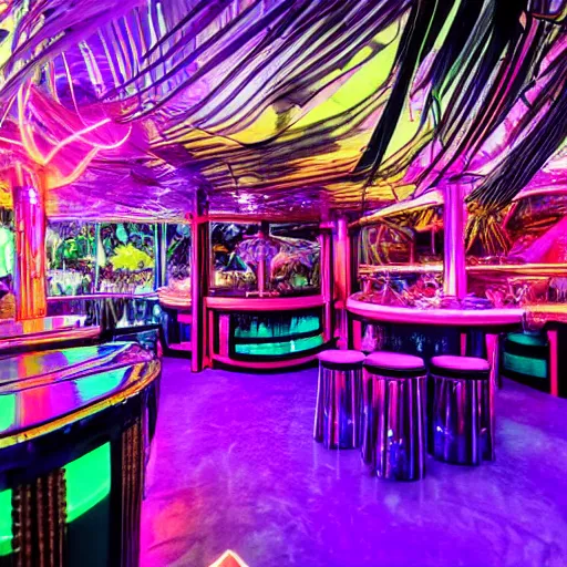 Prompt: architectural digest photo, inside dark and moody crowded futuristic neon tiki bar inside a yacht, many large tropical plants, open dance floor and dj booth, blue lighting with small pastel orange and pink accent lights, crowd of cool people dancing