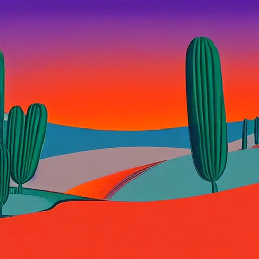 Prompt: sunset in the desert, animated film, stylised, illustration, by eyvind earle, scott wills, genndy tartakovski