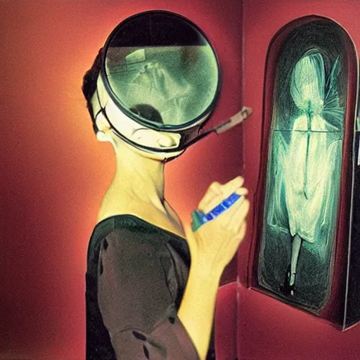 Prompt: A drawing. A rip in spacetime. Did this device in her hand open a portal to another dimension or reality?! autochrome, x-ray photography by Les Edwards, by John Perceval aesthetic