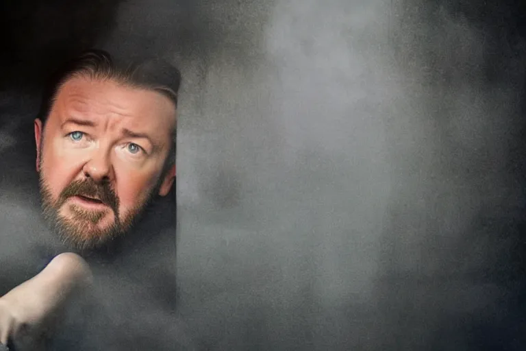 Image similar to a cinematic painting of ricky gervais looking through a steamed up limousine window, paparazzi, beautiful lighting, high depth, ultra realistic, artistic, by annie leibovitz