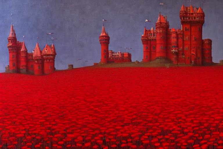 Image similar to only with red, red flowers of different types, red castle in background, red medieval goblins, in the style of beksinski, parts by edward hopper, parts by rodcenko, parts by yue minjun, intricate and epic composition, red by caravaggio, insanely quality, highly detailed, masterpiece, red light, artstation, 4 k