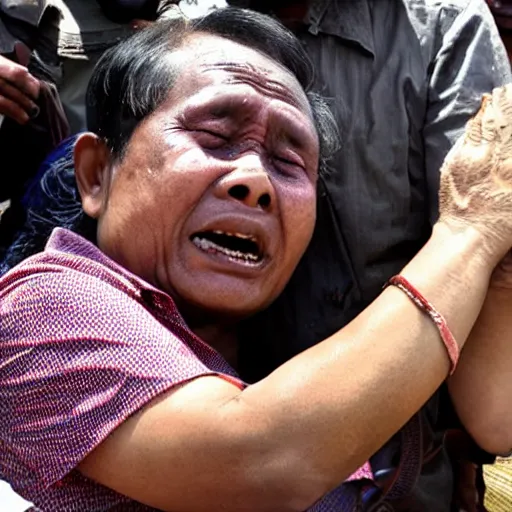 Prompt: Photograph of Min Aung Hlaing crying, closeup, newspaper article