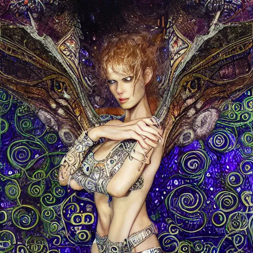 Prompt: cybernetic dragon dreaming in circuitry, intricate detail, klimt, royo, whealan,