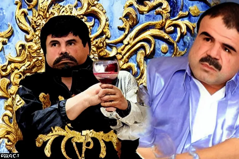 Image similar to el chapo is a genie standing in the middle of a grandiose mexican mansion. everything is made out of gold. el chapo is sipping on wine. the mansion is incredible and ornate. chapo has a clockwork chain. there are princesses and queens everywhere around him, lovely scene of a genie being a pimp