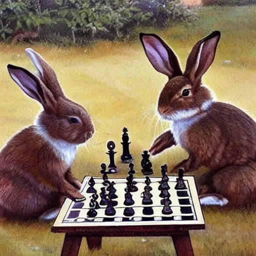 Prompt: rabbits drinking tea and playing chess. Painting of rabbits in sweaters by James Gurney (charming illustration of two cute rabbits).