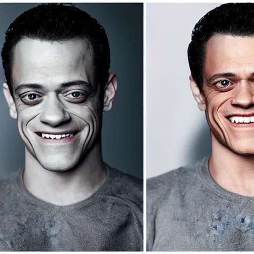 Prompt: studio portrait photography of rami malek morphing into willem dafoe with creepy smile, highly detailed