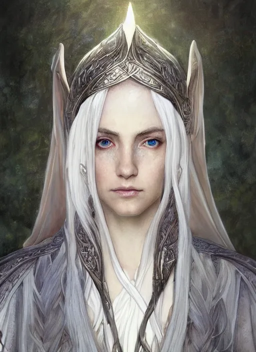 Image similar to Portrait of a beautiful female elven warrior, white glowing eyes, lord of the rings, cloak, female, fantasy, extremely detailed, digital painting, artstation, concept art, smooth, sharp focus, illustration, stunning lighting, art by artgerm and greg rutkowski and alphonse mucha and simon stalenhag, realistic character concept, high fantasy, light atmosphere, golden ratio, cinematic lighting, hyperdetailed, high resolution, insanely detailed and intricate, artstation, Marc Simonetti, Greg Rutkowski, 8k