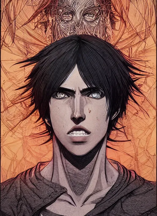 Image similar to portrait of eren yeager, an ultrafine detailed illustration by james jean, intricate linework, bright colors, final fantasy, behance contest winner, vanitas, angular, altermodern, unreal engine 5 highly rendered, global illumination, radiant light, detailed and intricate environment