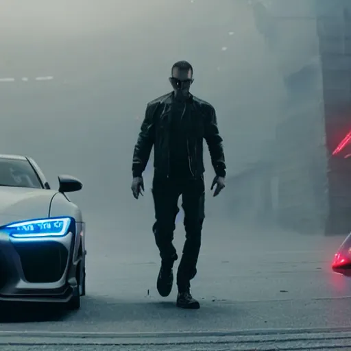 Image similar to cyberpunk Street racer wearing white wife beater and black jacket standing next to red Lancer Evolution X 2077 FRS BRZ C8 GR Supra scene from Bladerunner 2049 Roger Deakins Cinematography movie still 2017