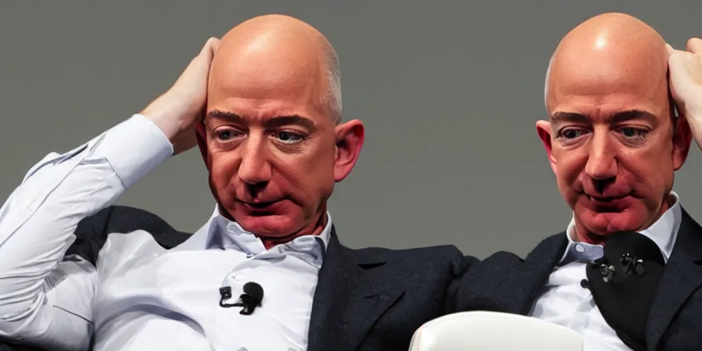 Image similar to ' jeff bezos holding his own head