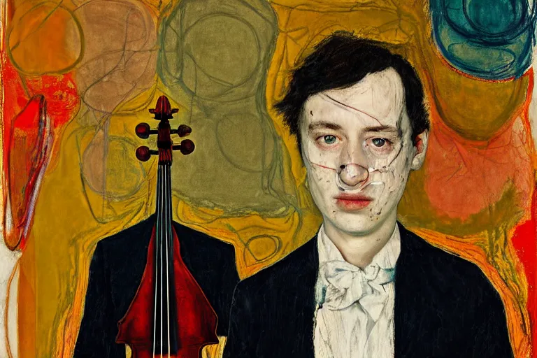 Prompt: portrait of a young cellist focusing with a background of hundreds of cellos by vincent lefevre and hernan bas and pat steir and hilma af klint, psychological, symmetrical face, dripping paint, rendered in octane, altermodern, masterpiece