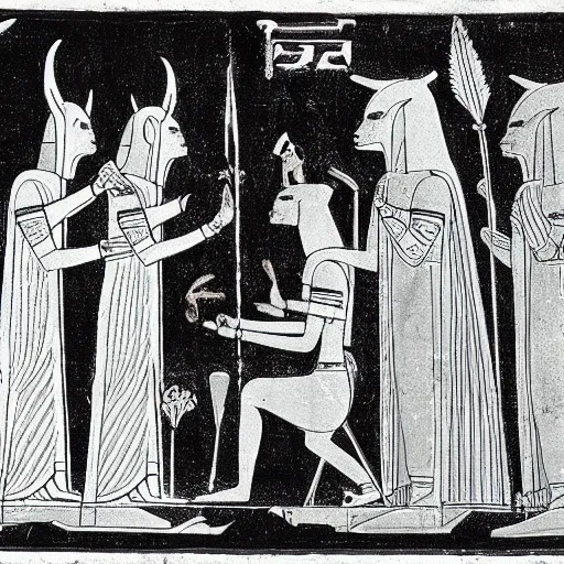 Prompt: the god anubis accompanying ramses the second to be judged before the god osiris