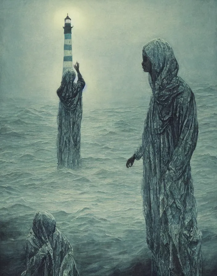 Image similar to worshippers in robes belonging to the cult of the lighthouse standing in waves, a lighthouse, high detailed beksinski painting, part by adrian ghenie and gerhard richter. art by takato yamamoto. masterpiece, dark and moody, deep colours
