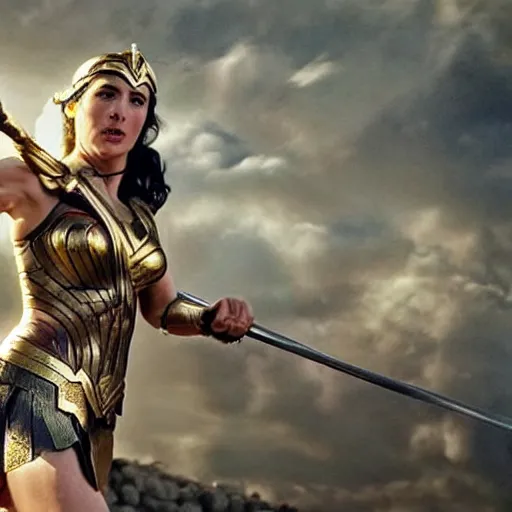 Prompt: the greek goddess athena in battle, scene from live action movie, starring gal gadot