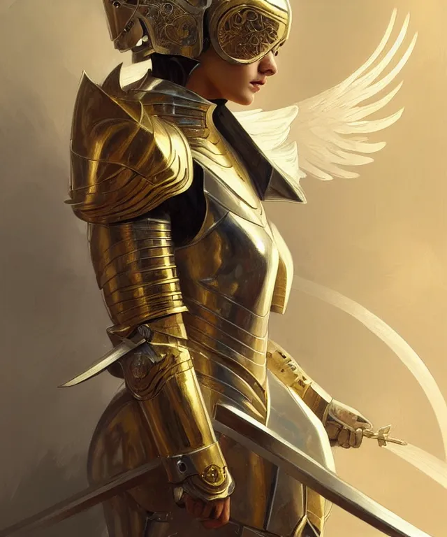 Prompt: Female knight angel in gold and silver armor, highly detailed, digital painting, artstation, concept art, smooth, sharp focus, illustration, art by artgerm and greg rutkowski and alphonse mucha