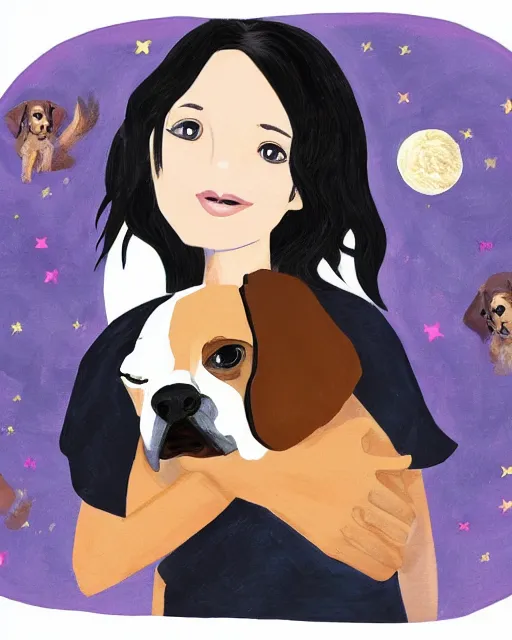 Prompt: happy birthday postcard in a style of Neil Gaiman book , black haired girl holding a beagle puppy, trending on artstation, 8k, highly detailed