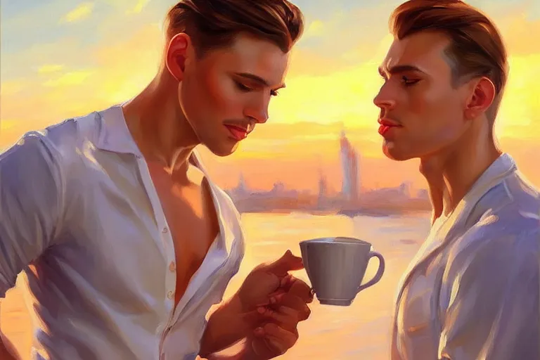 Prompt: attractive man drinking coffee, sunset, painting by vladimir volegov, j. c. leyendecker, tom of finland, trending on artstation