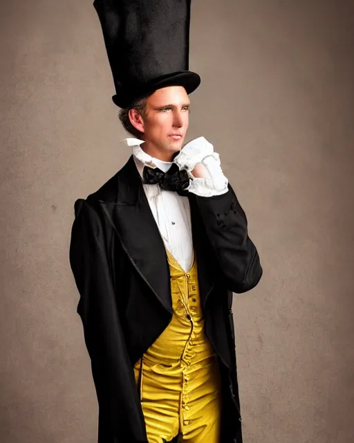 Image similar to Tall, elegant, Coyote man, has yellow wolf eyes, a long beautiful tail, long coyote like ears, He is dressed Victorian era style, wearing a Top Hat and cape, highly realistic, photoreal, photograph in the style of Annie Leibovitz, Studio lighting