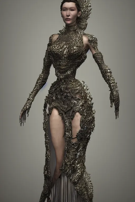 Image similar to a highly detailed metahuman render portrait of an alien goddess bella hadid in iris van herpen dress schiaparelli in diamonds and jewelry in style of alphonse mucha trending on artstation made in unreal engine 4