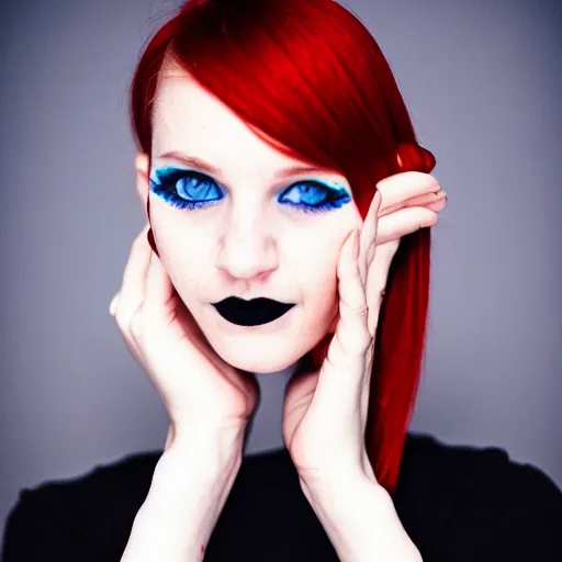 Prompt: photograph, closeup portrait of a young pale woman with short red hair in a dark room, blue eyes, wearing a black tshirt, flash photography, indoor setting, high contrast, sharp, photographed by terry richardson, trending on tumblr,