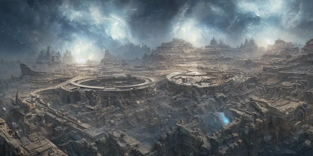 Image similar to incomprehensible space galaxy, highly detailed, ancient, intricate details, epic scale, insanely complex, 8 k, sharp focus, hyperrealism, dark fantasy, by greg rutkowski, trending on artstation
