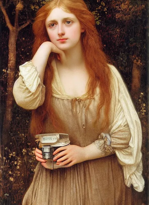 Image similar to Pre-Raphaelite young beautiful blond-hair woman holding a camera
