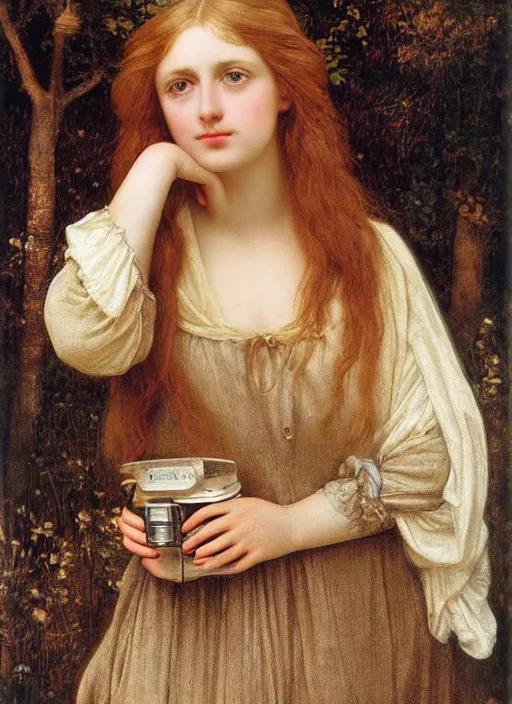 Prompt: Pre-Raphaelite young beautiful blond-hair woman holding a camera