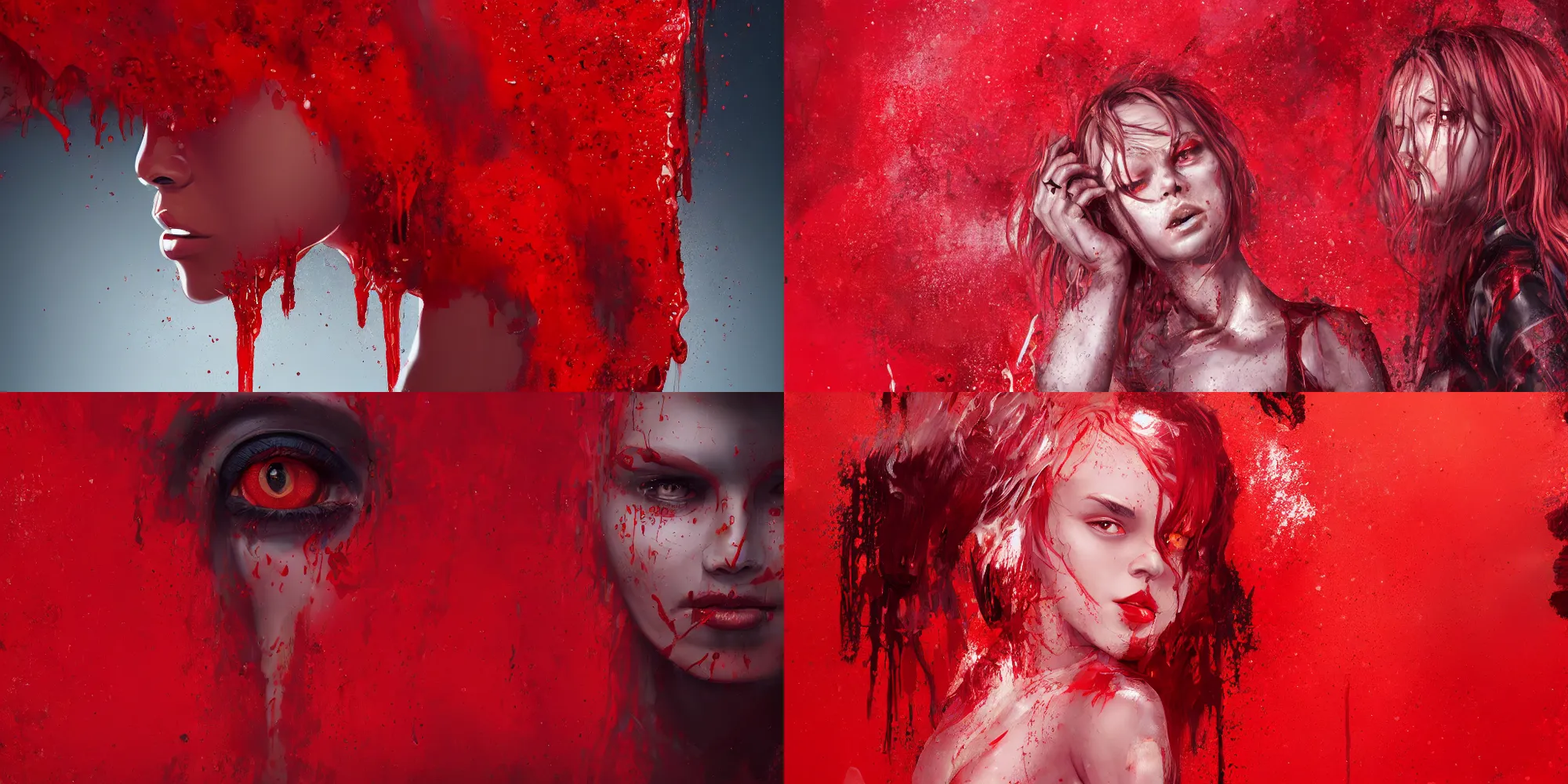 Prompt: Wide shot, hyperdetailed masterpiece concept art of a dripping red paint across the shape of a female human, 4k Detailed Matte Illustration trending on ArtStation