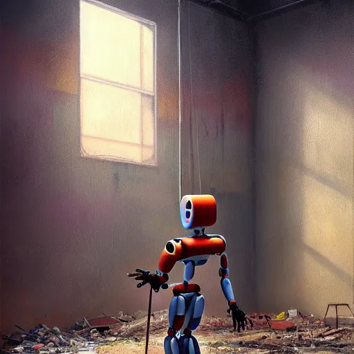 Prompt: a painting of a humanoid robot painting on a canvas in an abandoned industrial building. by jordan grimmer, tyler kinkaid, ralph mcquarrie, simon stalenhag. digital art, concept art, artstation, octane, uhd hdr