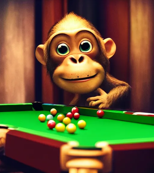 Prompt: very beautiful portrait of an extremely cute and adorable monkey playing pool, smooth, perfect face, fantasy, character design by mark ryden and pixar and hayao miyazaki, sharp focus, concept art, harvest fall vibrancy, intricate detail, cinematic lighting, hyperrealistic, 3 5 mm, diorama macro photography, 8 k, 4 k