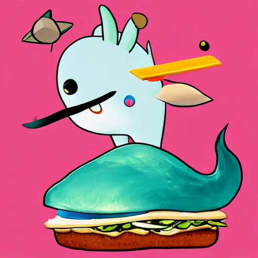 Image similar to a painting of a narwhal with a sandwich impaled on it's horn by lisa frank, trending on artstation, 8 k, unreal engine