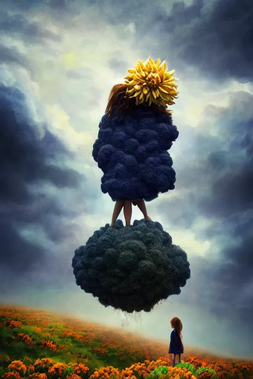 Image similar to closeup giant dahlia flower as head, girl standing on mountain, surreal photography, blue storm clouds, dramatic light, impressionist painting, digital painting, artstation, simon stalenhag