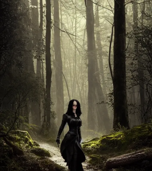 Image similar to 5 5 mm portrait photo of krysten ritter as yennefer of vengerberg in black leather armor and black hair, in a forest. magical atmosphere. art by greg rutkowski. lifelike. very detailed 8 k. intricate. soft light. nikon d 8 5 0.