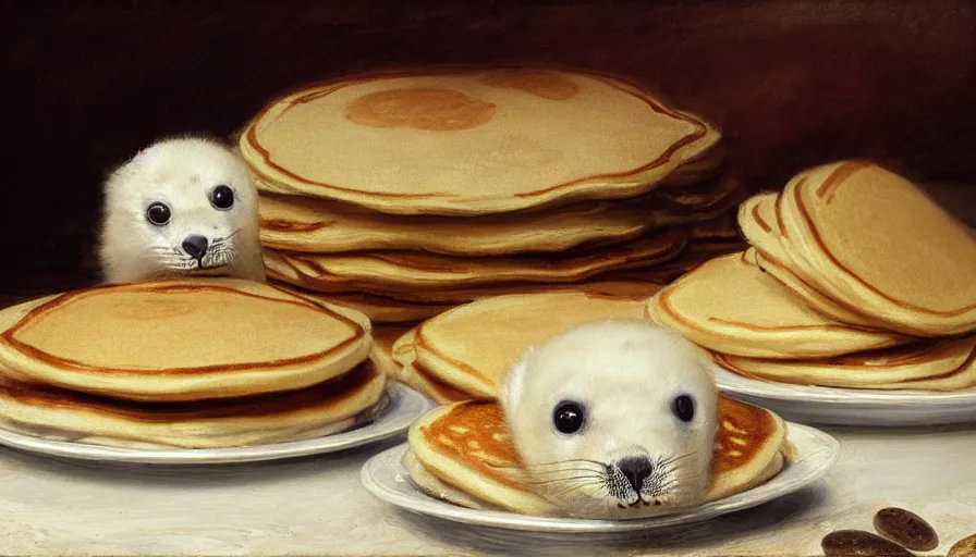 Image similar to highly detailed painting of cute furry white baby seals in a pile of pancakes on a table by william turner, by greg rutkowski, by william constable, thick brush strokes and visible paint layers, 4 k resolution