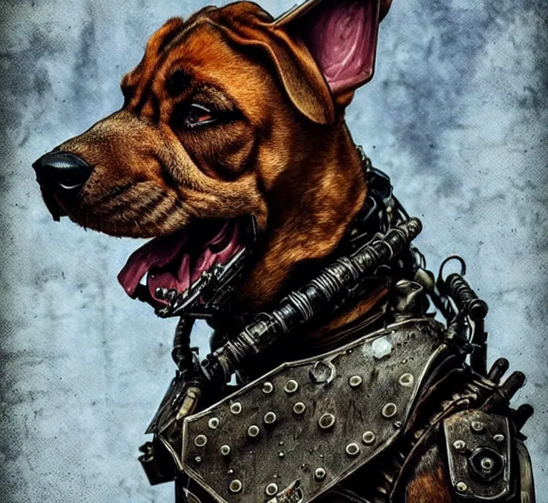 Image similar to a good ol'bloodhound pup fursona ( from the furry fandom ), heavily armed and armored facing down armageddon in a dark and gritty version from the makers of mad max : fury road. witness me.