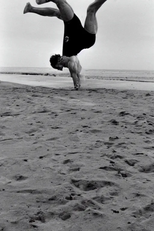 Image similar to paulie shore doing a handstand on the beaches of normandy on d - day