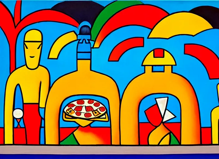 Image similar to a temple to pizza by Tarsila do Amaral